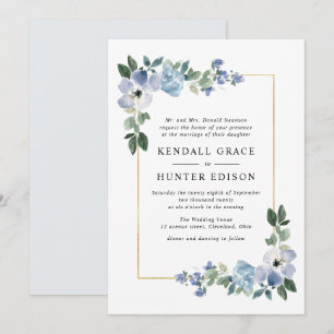 Invitation mariage de cadre floral bleu et vert peint