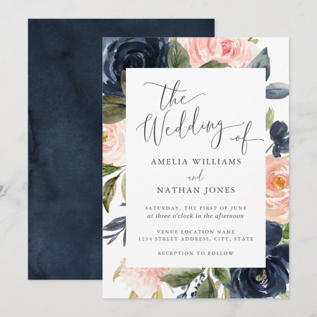 Invitation Mariage de cadre floral Blush Navy (Devant / Derrière)