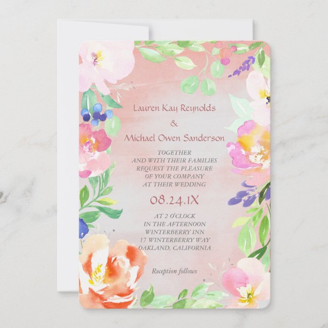Invitation Mariage de cadre Floral de l'aquarelle d'été (Devant)