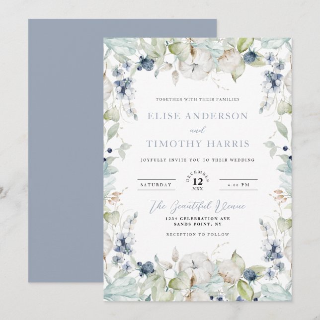 Invitation Mariage de cadre Floral Dusty Blue Winter (Devant / Derrière)