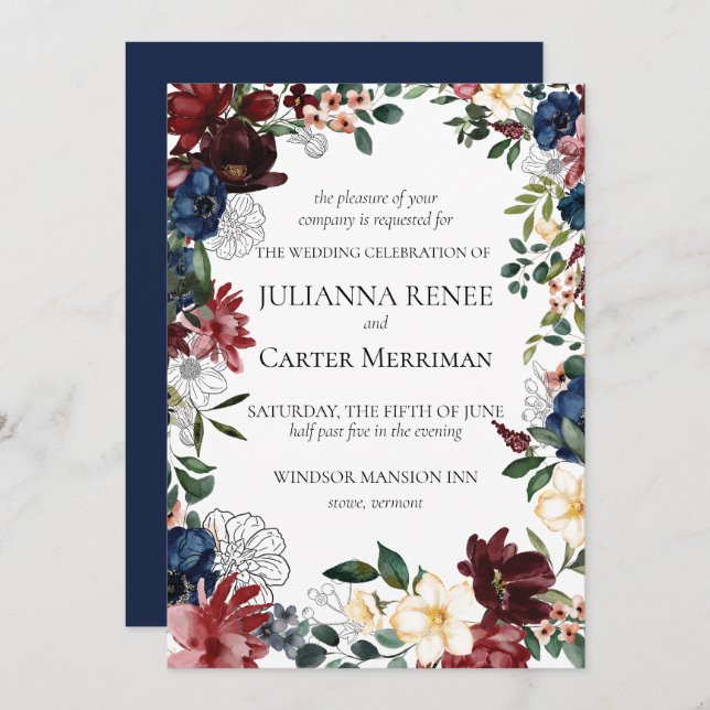 Invitation Mariage de cadre floral en fleur de marine (Devant / Derrière)