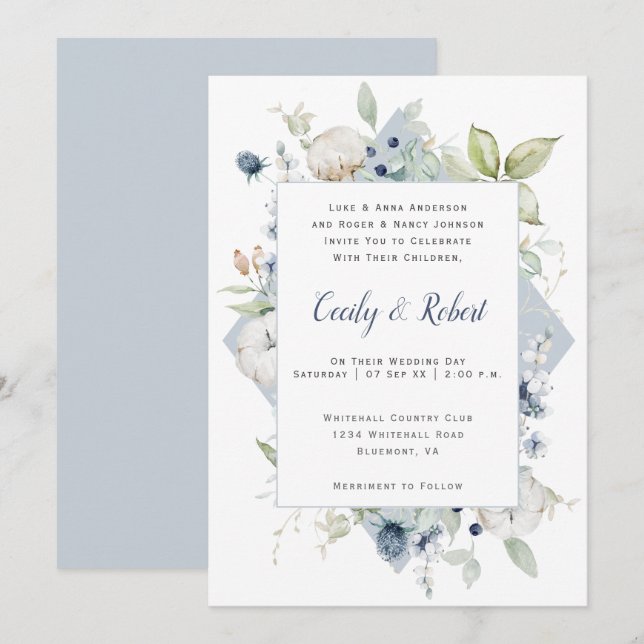 Invitation Mariage de cadre floral gris gris gris gris bleu f (Devant / Derrière)
