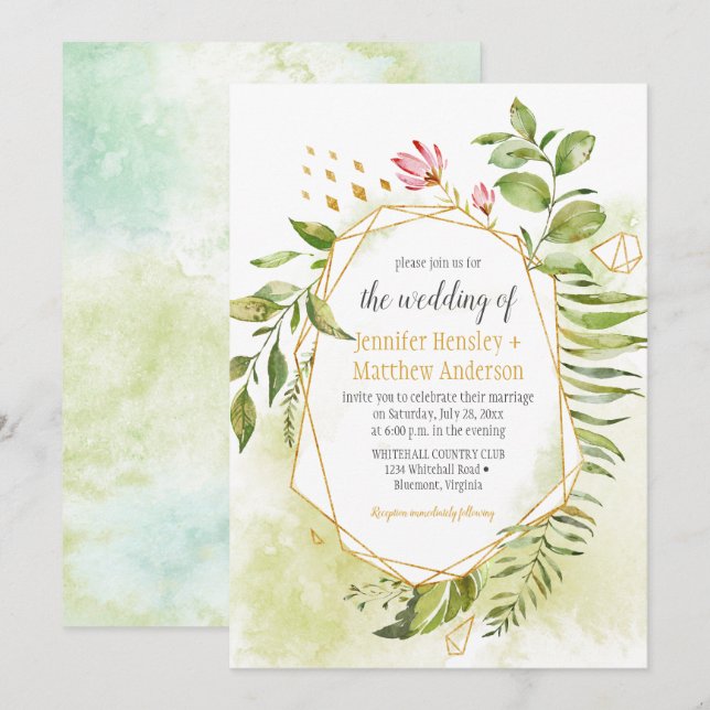 Invitation Mariage de cadre géométrique Botanique rose vert o (Devant / Derrière)