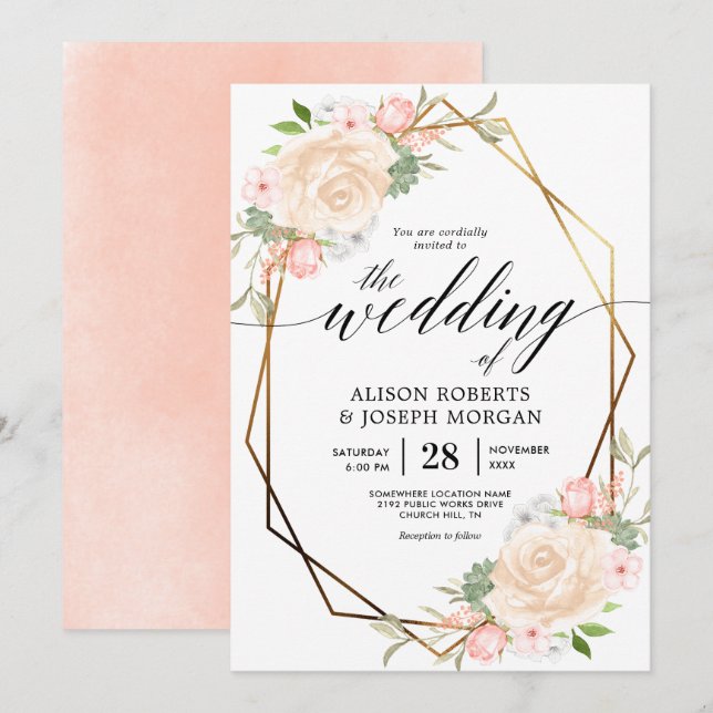 Invitation Mariage de cadre géométrique couleur or de l'aquar (Devant / Derrière)