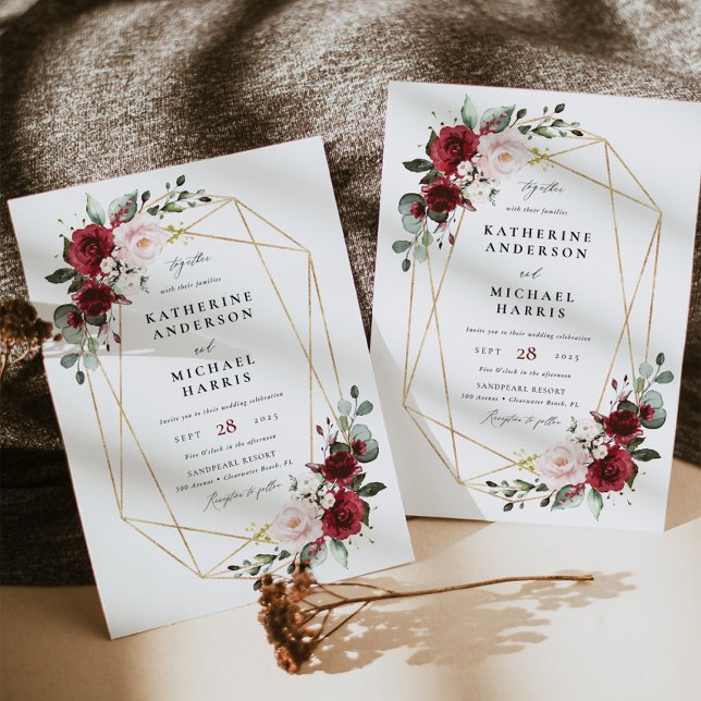 Invitation Mariage de cadre géométrique Floral Bourgogne (Créateur téléchargé)