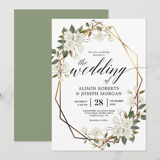 Invitation Mariage de cadre géométrique Magnolia or (Devant / Derrière)