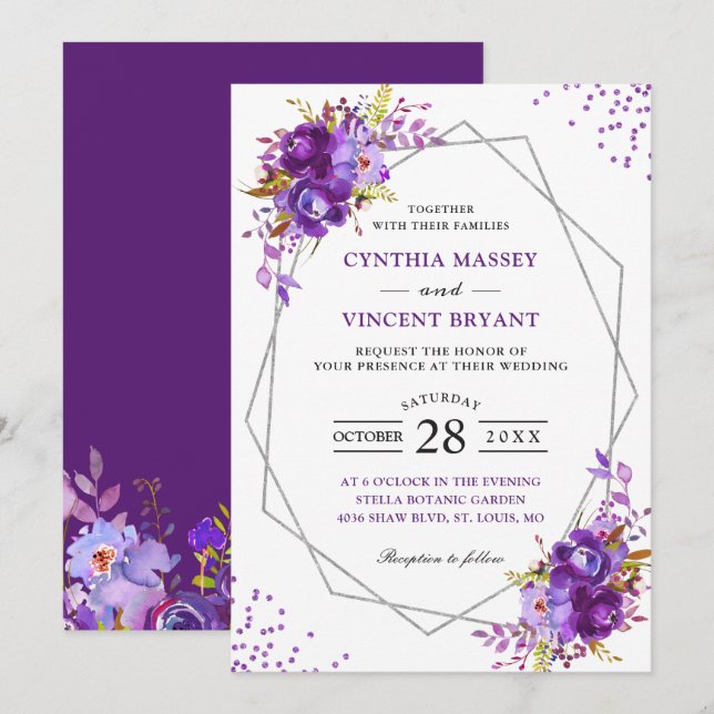 Invitation Mariage de cadre géométrique moderne et violet sau (Devant / Derrière)