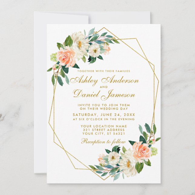 Invitation Mariage de cadre géométrique moderne Floral Coral  (Devant)