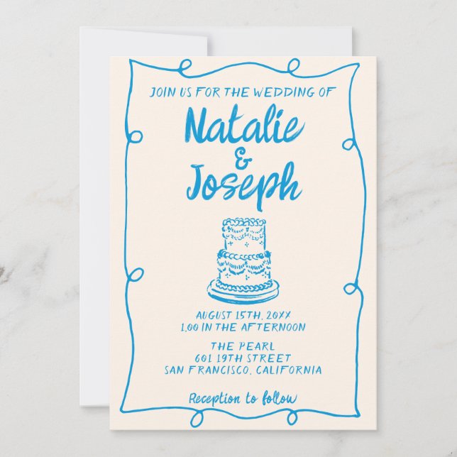 Invitation Mariage de cadre minimal pour gâteau bleu irky tir (Devant)