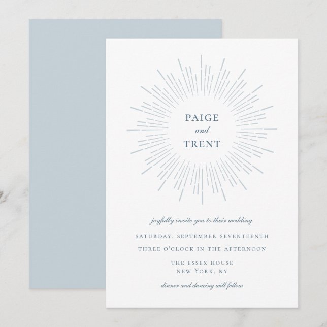 Invitation Mariage de cadre moderne Dusty Blue Sunburst (Devant / Derrière)