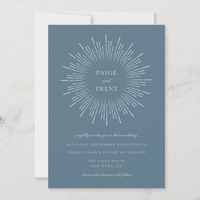 Invitation Mariage de cadre moderne en ardoise bleu Sunburst (Devant)