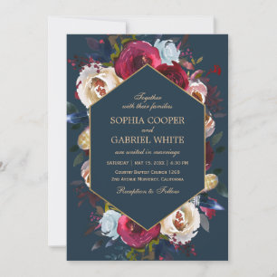 Invitation Mariage de cadre or floral de la marine de Bourgog