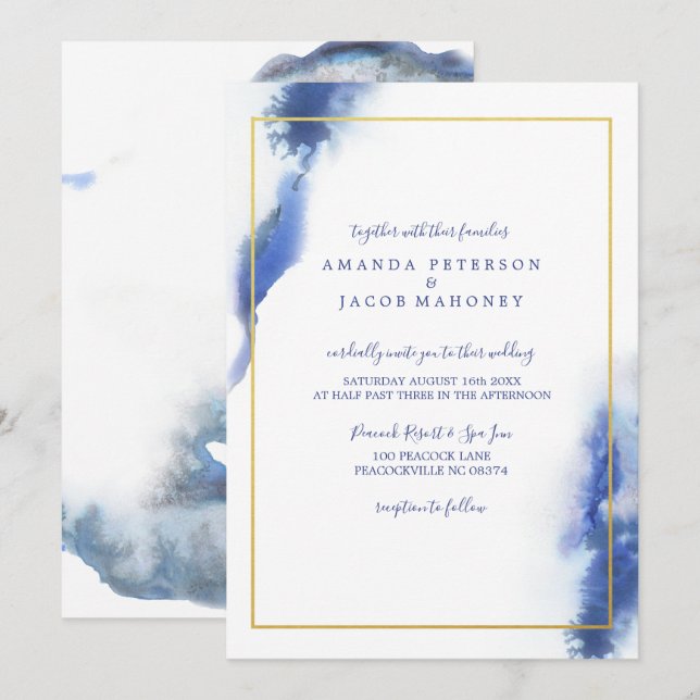 Invitation Mariage de cadre or Ombre en marbre bleu (Devant / Derrière)