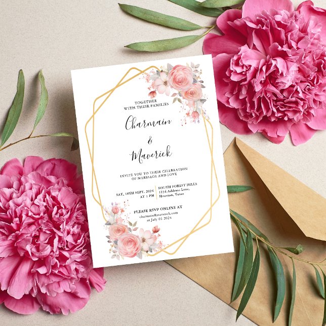 Invitation Mariage de cadre rose fleuri géométrique (Créateur téléchargé)