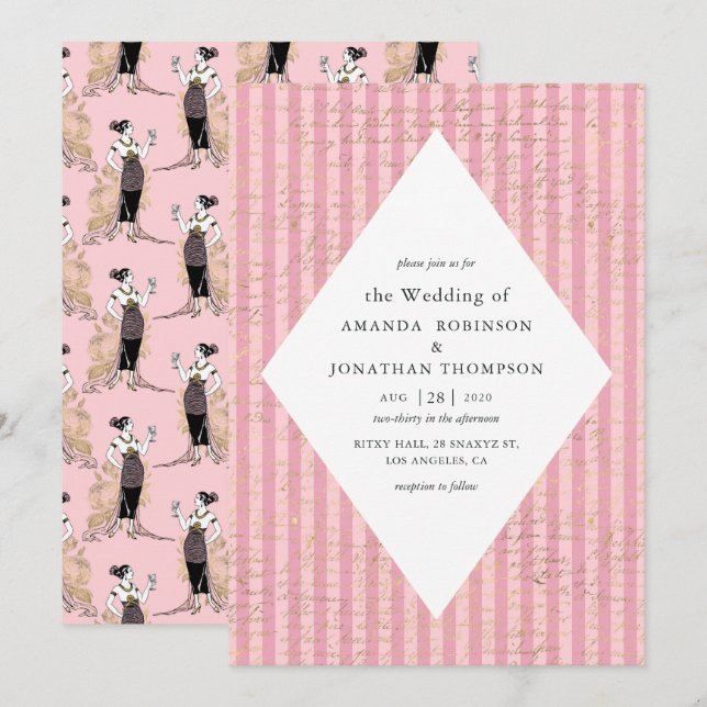 Invitation Mariage de calligraphie à thème Paris rose et or (Devant / Derrière)