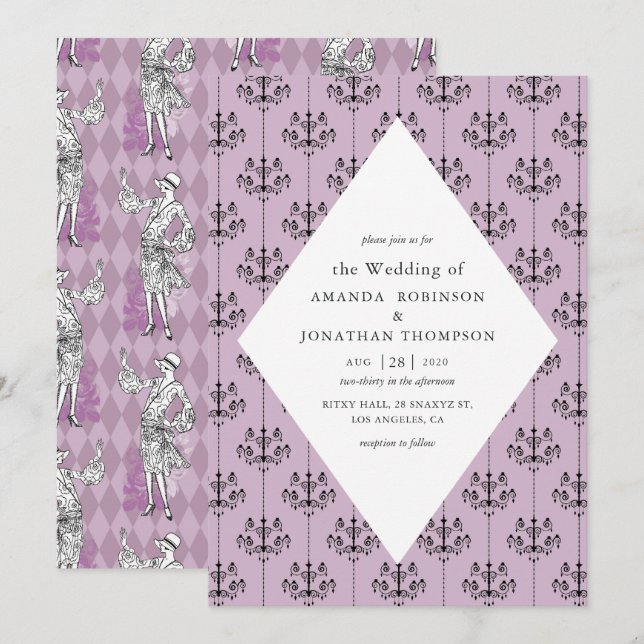 Invitation Mariage de calligraphie à thème Paris violet et no (Devant / Derrière)