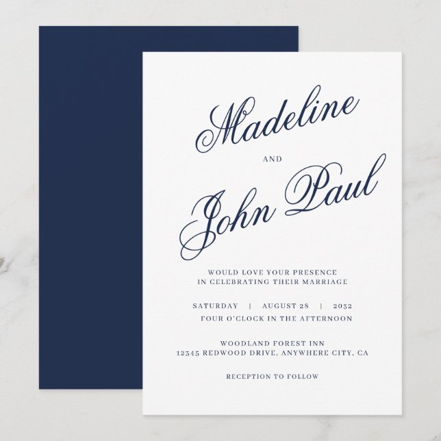 Invitation Mariage de calligraphie bleu de la marine contempo (Devant / Derrière)