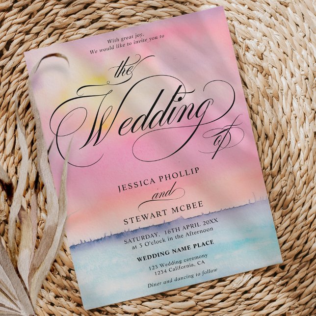 Invitation Mariage de calligraphie de coucher de soleil rose  (Tropical pink beach sunset calligraphy wedding invitation)