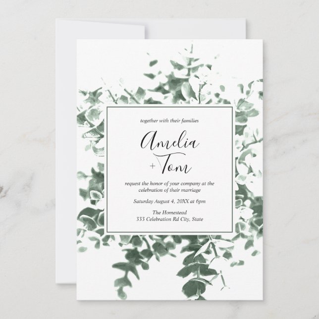 Invitation Mariage de calligraphie de l'aquarelle du feuillag (Devant)