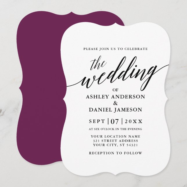 Invitation Mariage de calligraphie élégant moderne Cassis (Devant / Derrière)