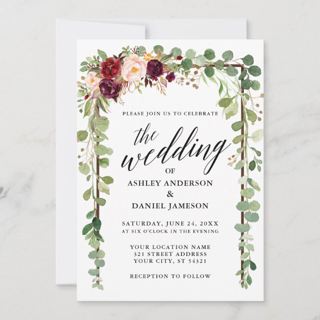 Invitation Mariage de calligraphie florale de Bourgogne (Devant)