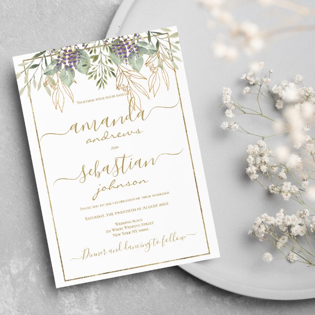 Invitation Mariage de calligraphie florale du feuillage d'or  (White gold foliage floral calligraphy wedding )