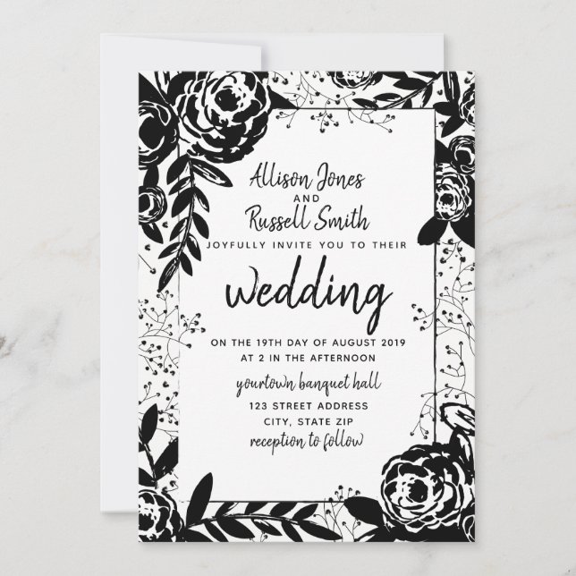 Invitation Mariage de calligraphie florale noir + blanc (Devant)