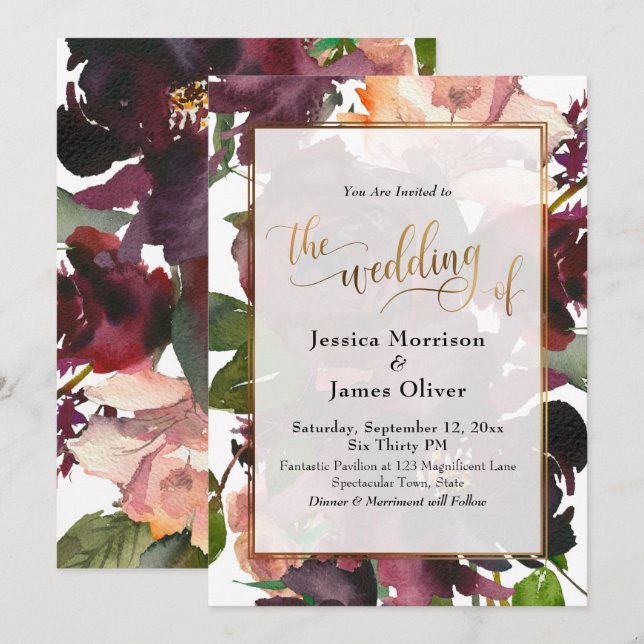 Invitation Mariage de calligraphie florale peinte artistique (Devant / Derrière)
