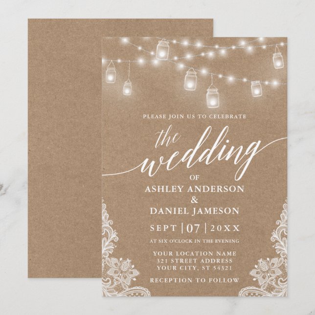 Invitation Mariage de calligraphie Lumières dentelle Kraft (Devant / Derrière)