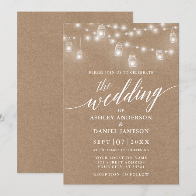 Invitation Mariage de calligraphie moderne Lumières Kraft (Devant / Derrière)