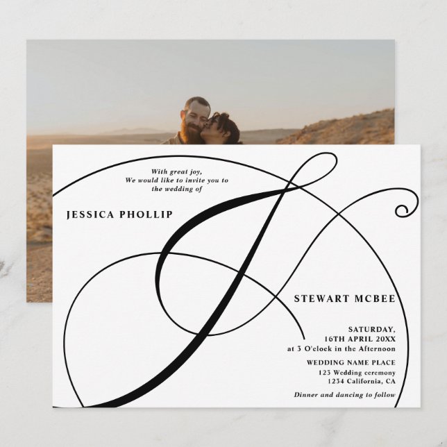 Invitation Mariage de calligraphie noir blanc (Devant / Derrière)