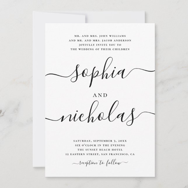 Invitation Mariage de calligraphie noir & blanc moderne - Élé (Devant)