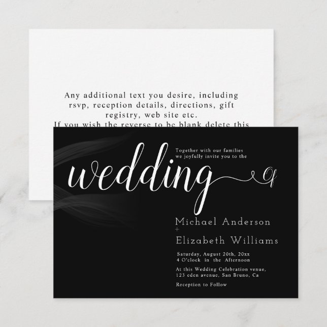 Invitation Mariage de calligraphie noir & blanc tout simple I (Devant / Derrière)
