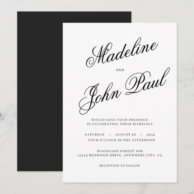 Invitation Mariage de calligraphie noir et blanc contemporain (Devant / Derrière)