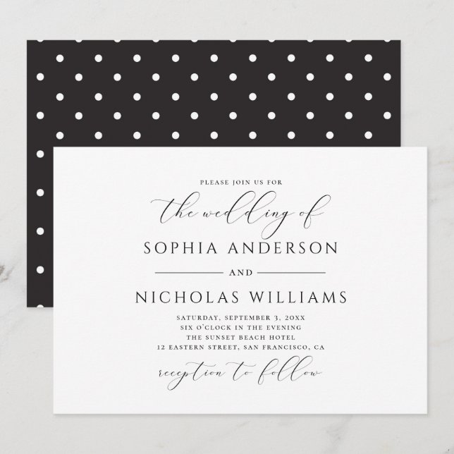 Invitation Mariage de calligraphie noir et blanc. Pois (Devant / Derrière)