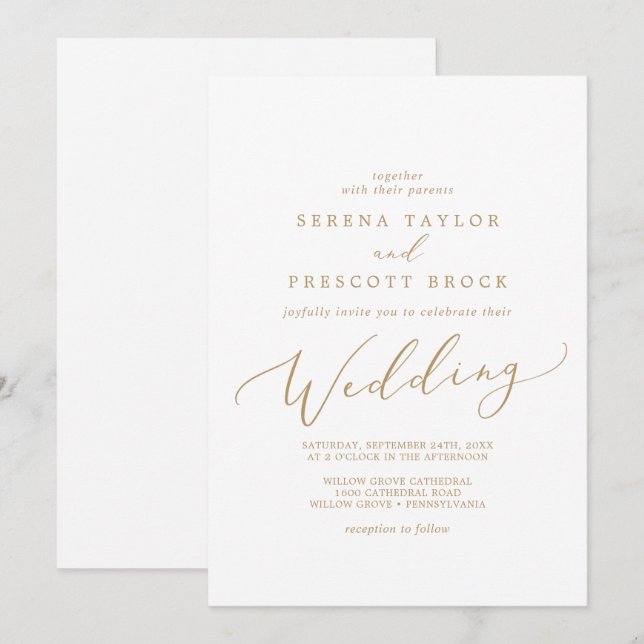 Invitation Mariage de calligraphie Or Delicate (Devant / Derrière)