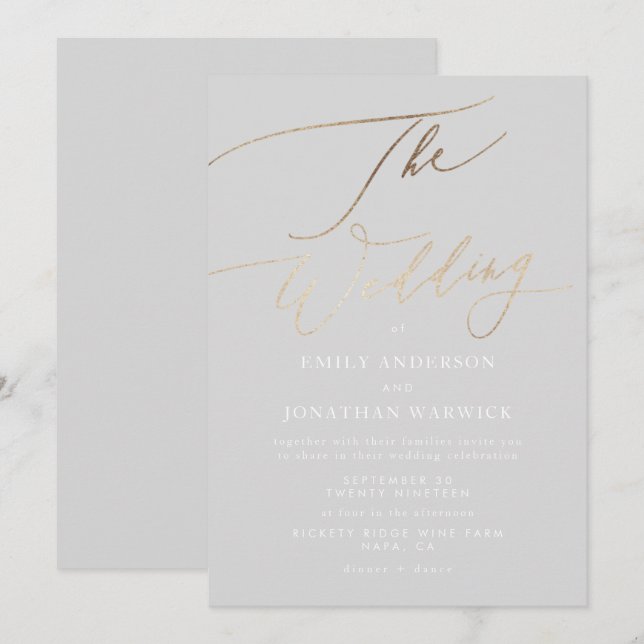 Invitation Mariage de calligraphie or moderne gris simple (Devant / Derrière)