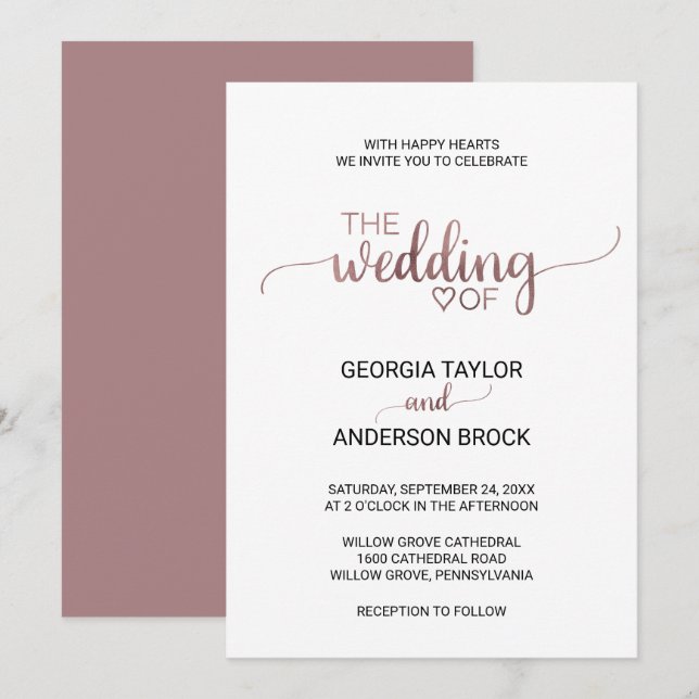 Invitation Mariage de calligraphie or Rose simple (Devant / Derrière)