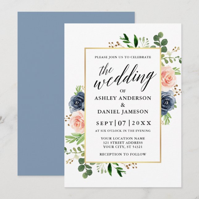 Invitation Mariage de calligraphie Rose Dusty Blue (Devant / Derrière)