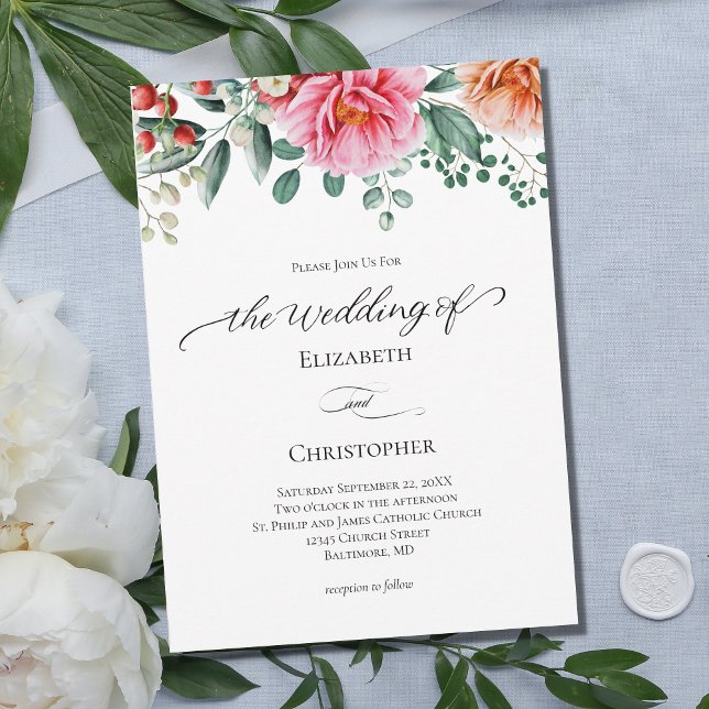 Invitation Mariage de calligraphie rose Pêche Florale (Créateur téléchargé)