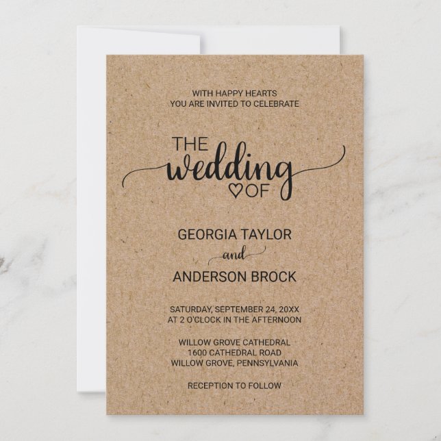 Invitation Mariage de calligraphie simple Faux Kraft (Devant)