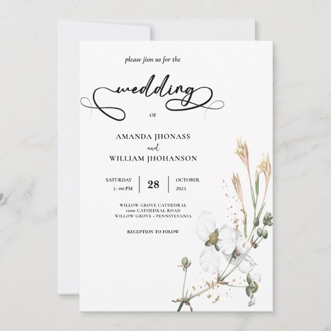 Invitation Mariage de calligraphie simple Fleur sauvage Whims (Devant)