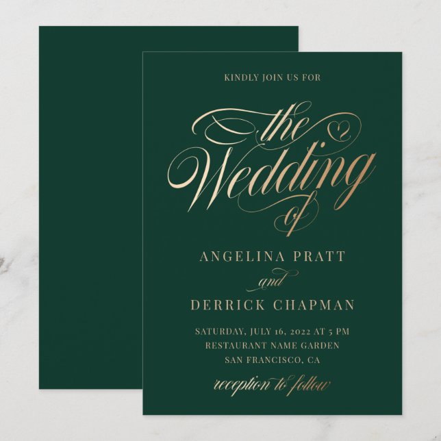 Invitation Mariage de calligraphie vert émeraude du coucher d (Devant / Derrière)