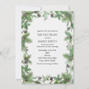 Invitation Mariage de campagne d'hiver vert et cônes de pin d