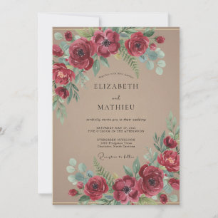Invitation Mariage de campagne en bois rustique rouge cramois