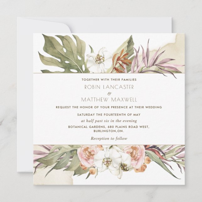 Invitation Mariage de Carré à la crème fleurie de palme tropi (Devant)