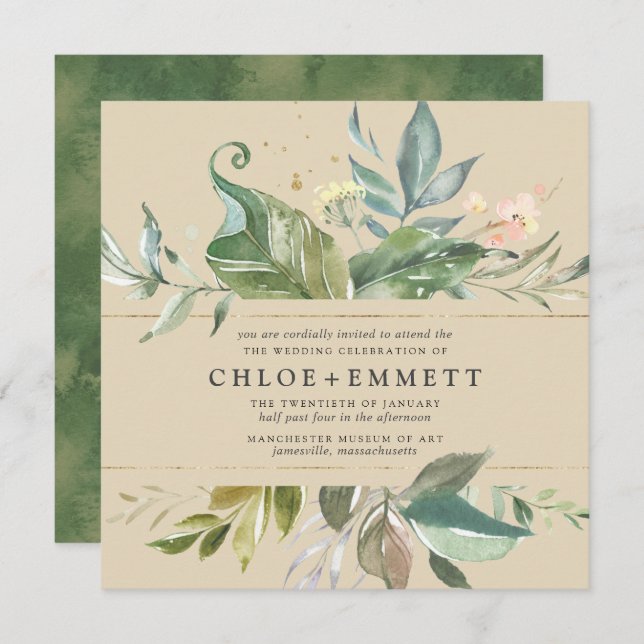 Invitation Mariage de Carré botanique rose or (Devant / Derrière)