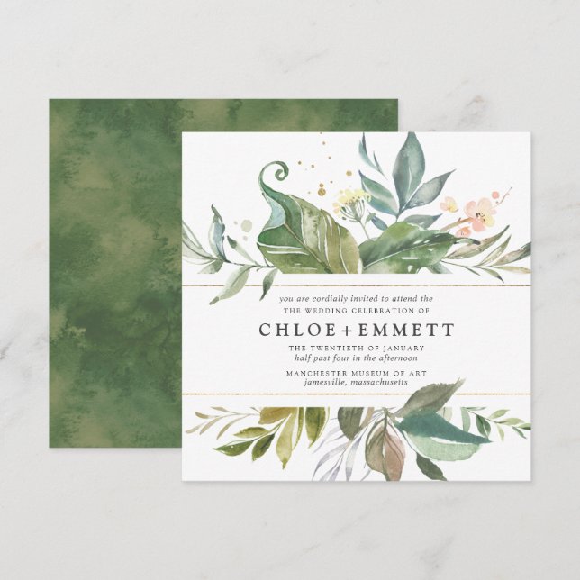 Invitation Mariage de Carré botanique rose or (Devant / Derrière)