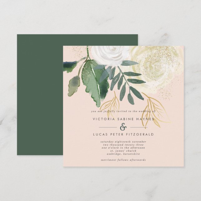 Invitation Mariage de Carré romantique Blush & Green (Devant / Derrière)