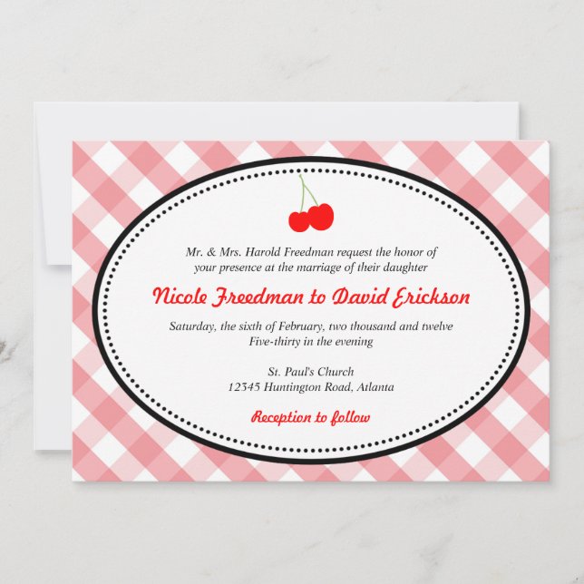Invitation mariage de cerise rouge rustique en vichy pays ros (Devant)